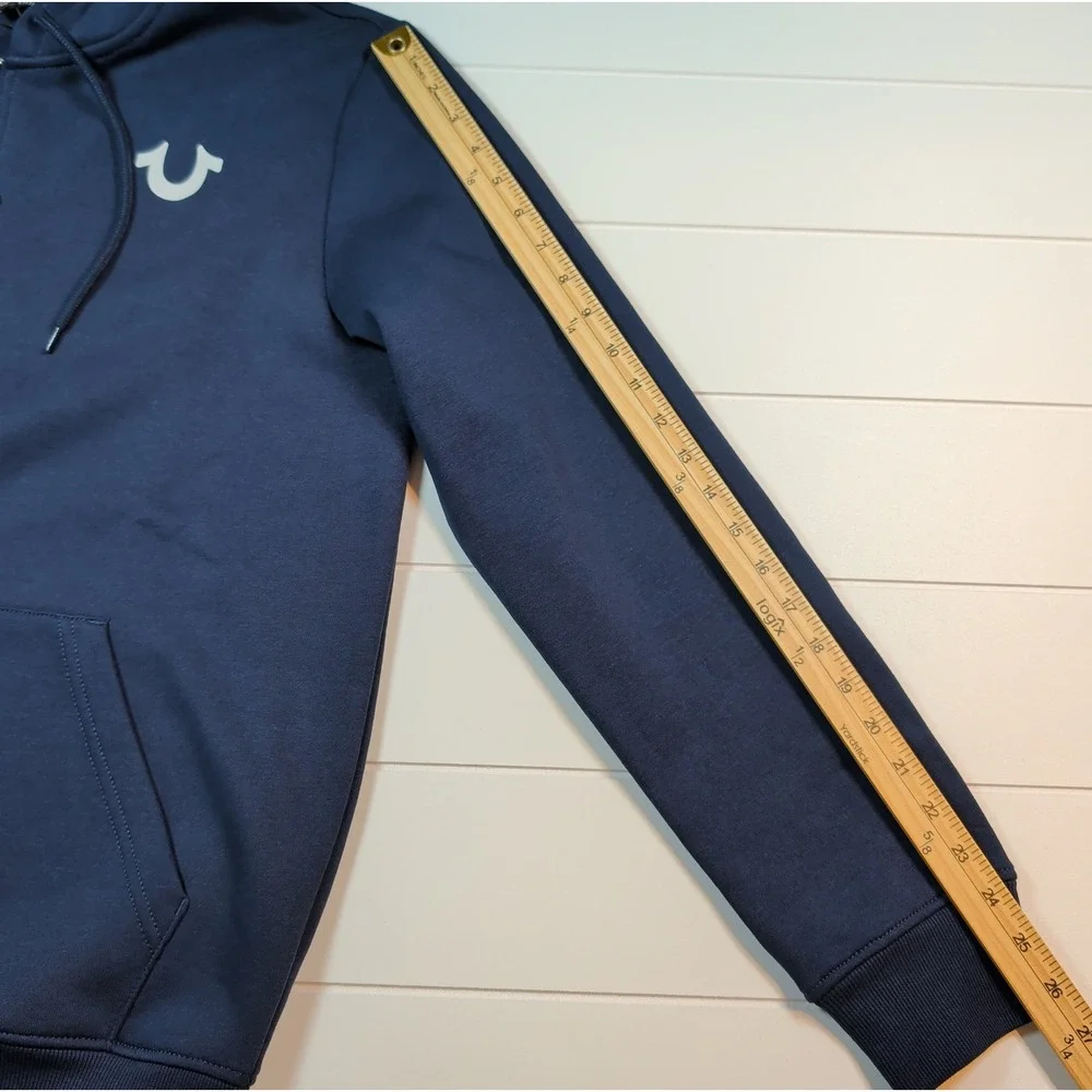 True Religion Zip Hoodie Mens Large Navy Blue Buddha Graphic Logo 106659